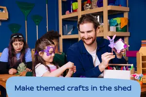 Make themed crafts: Dad and daughter making crafts together at Bluey's Backyard at CAMP